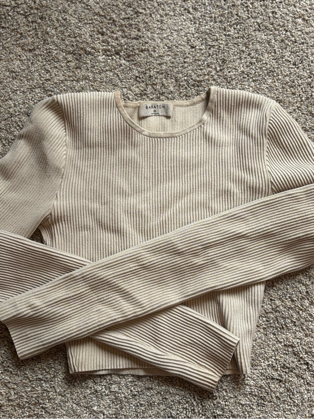 Aritzia Babaton Ribbed Long-Sleeve Crewneck Top in Beige